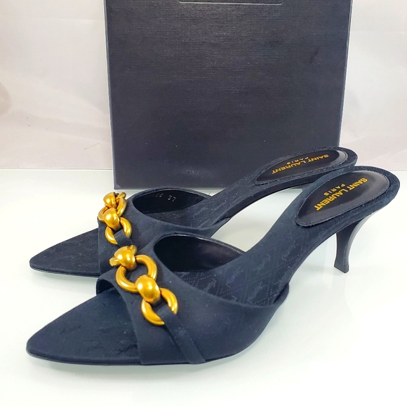 NEW$1050 Saint Laurent YSL Logo Gippy Chain Kitten-Heel Slide Sandal Mules Sz 37 - Picture 10 of 17